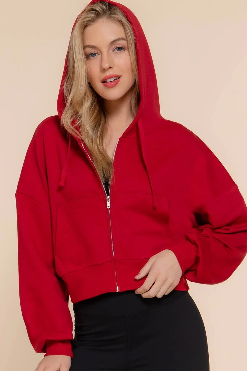 Long Sleeve Hoodie French Terry Zip Up Jacket COFFEE
