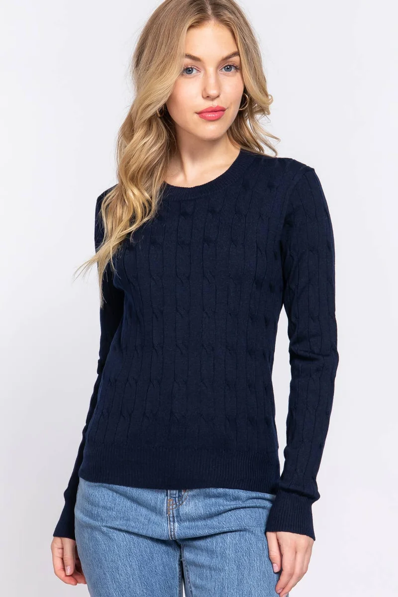 Long Sleeve Round Neck Cable Sweater NAVY