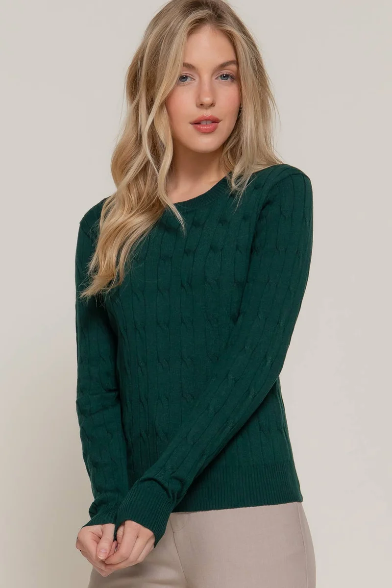 Long Sleeve Round Neck Cable Sweater NAVY