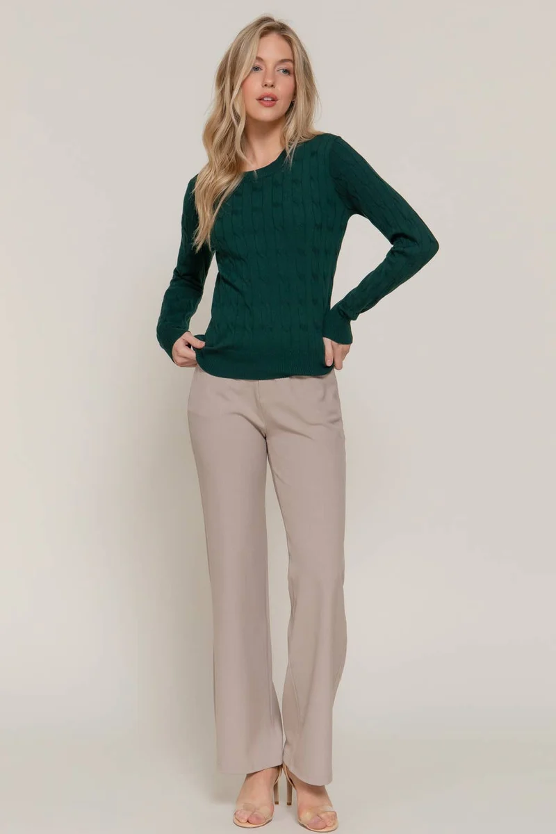 Long Sleeve Round Neck Cable Sweater NAVY