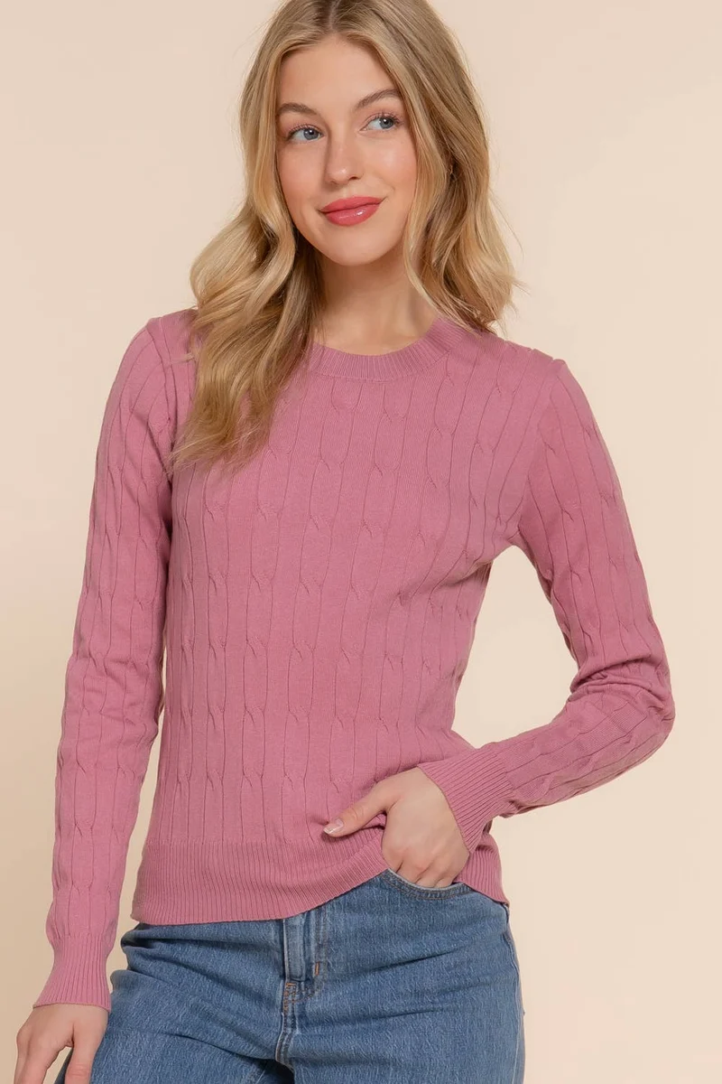 Long Sleeve Round Neck Cable Sweater NAVY
