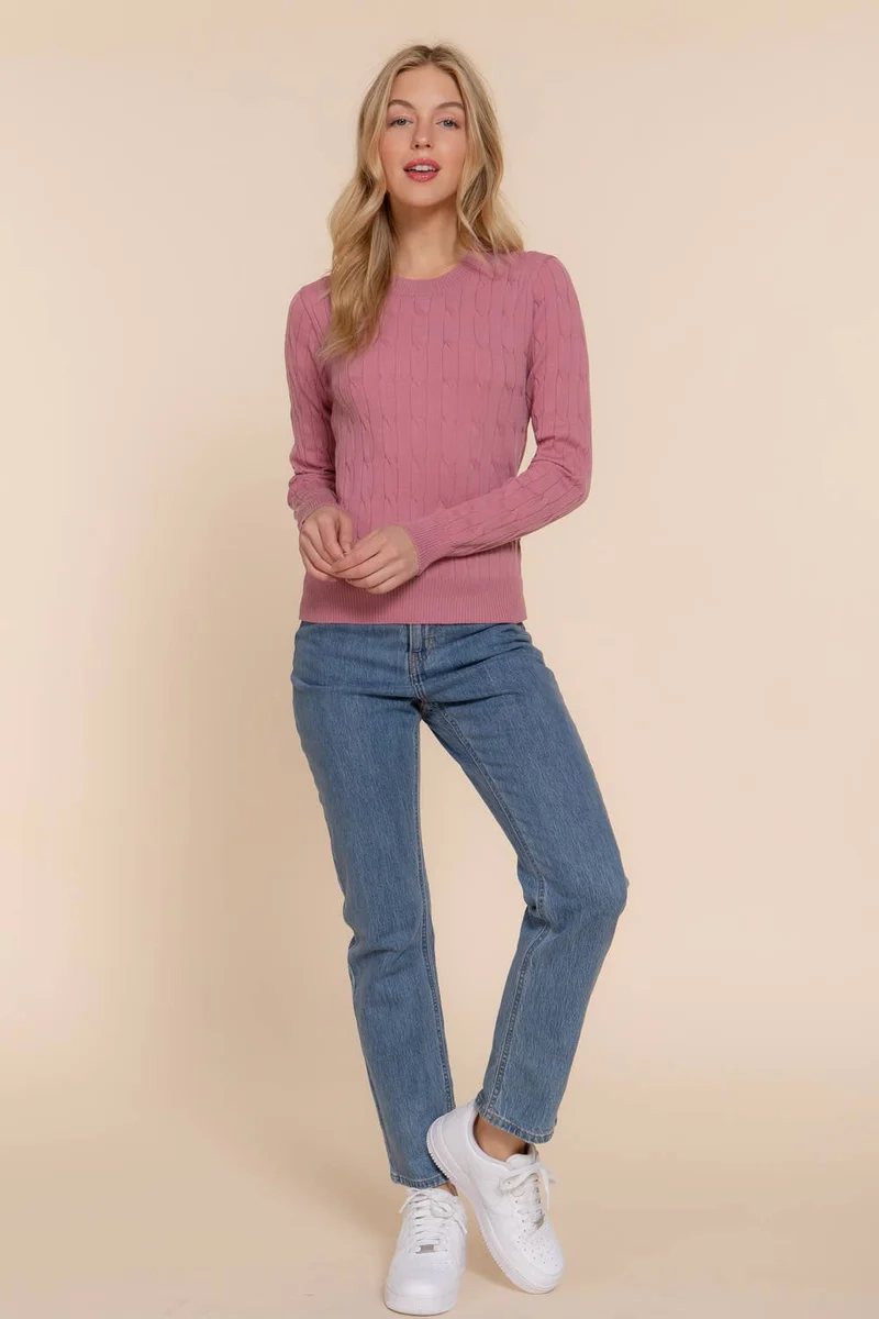 Long Sleeve Round Neck Cable Sweater NAVY