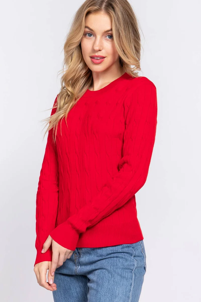 Long Sleeve Round Neck Cable Sweater NAVY