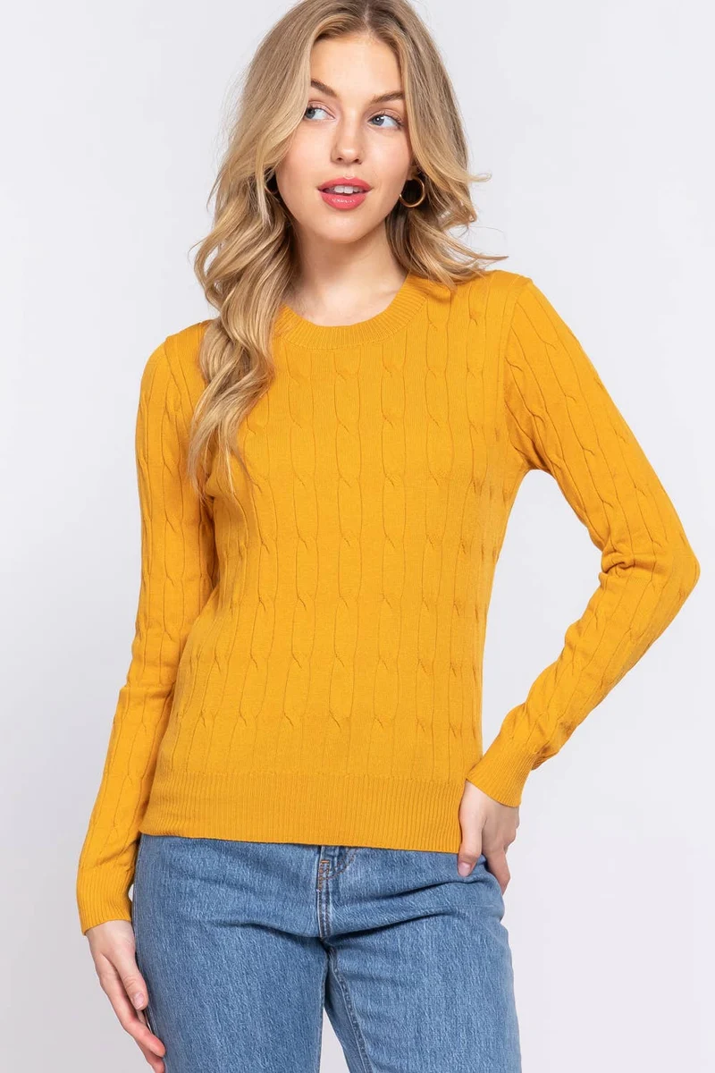 Long Sleeve Round Neck Cable Sweater NAVY