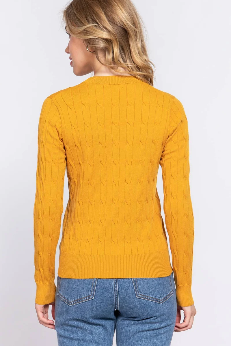 Long Sleeve Round Neck Cable Sweater NAVY