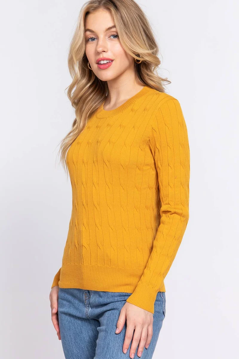 Long Sleeve Round Neck Cable Sweater NAVY