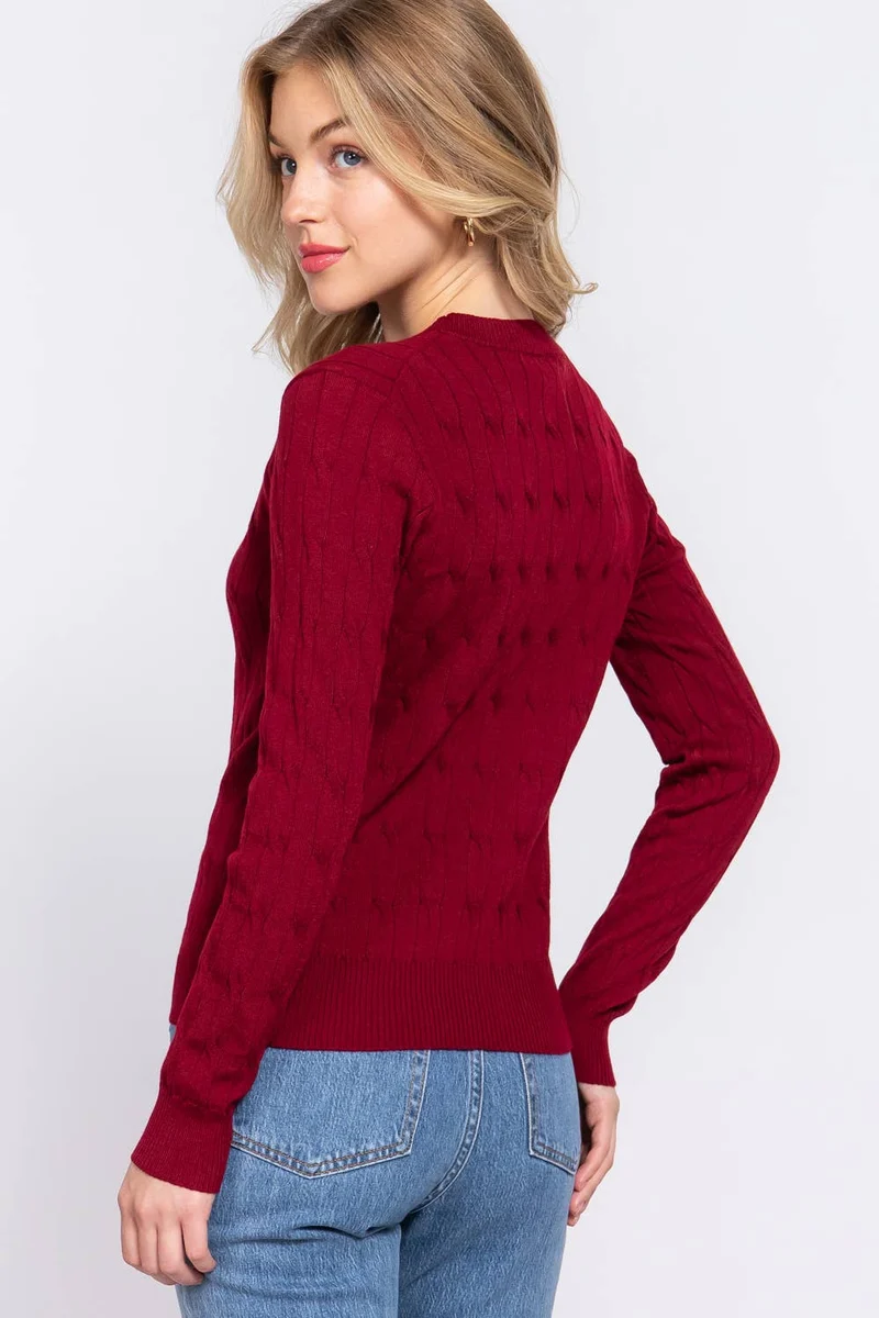 Long Sleeve Round Neck Cable Sweater NAVY