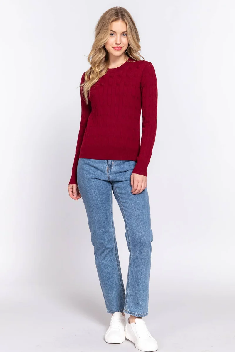 Long Sleeve Round Neck Cable Sweater NAVY