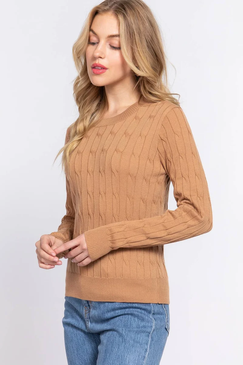 Long Sleeve Round Neck Cable Sweater NAVY