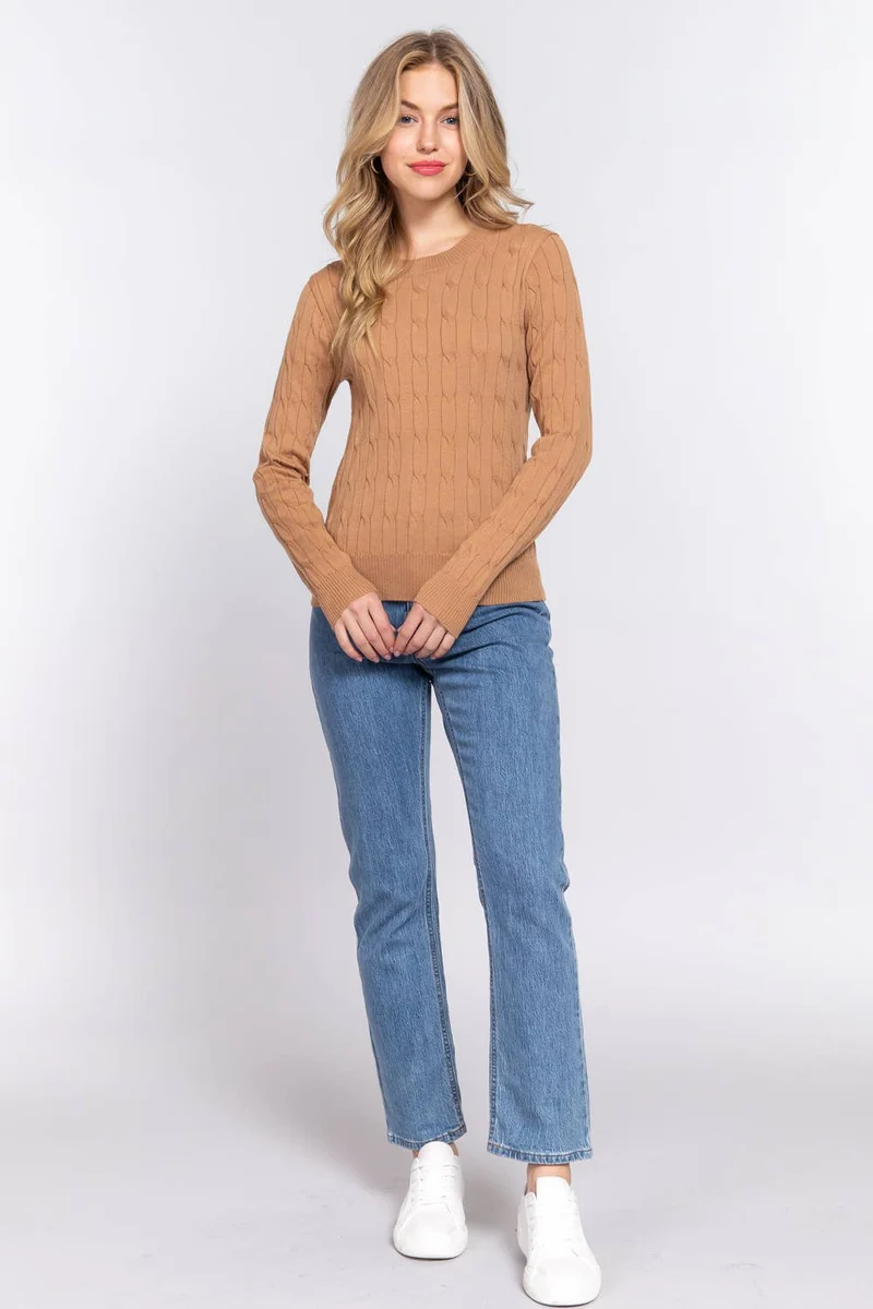 Long Sleeve Round Neck Cable Sweater NAVY