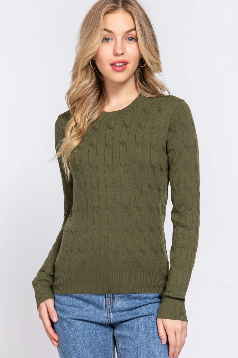 Long Sleeve Round Neck Cable Sweater NAVY