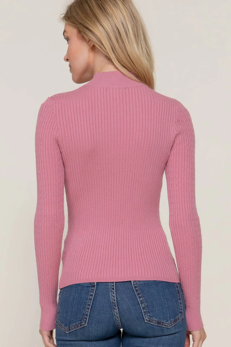 Long Sleeve Mock Neck Rib Sweater : RED