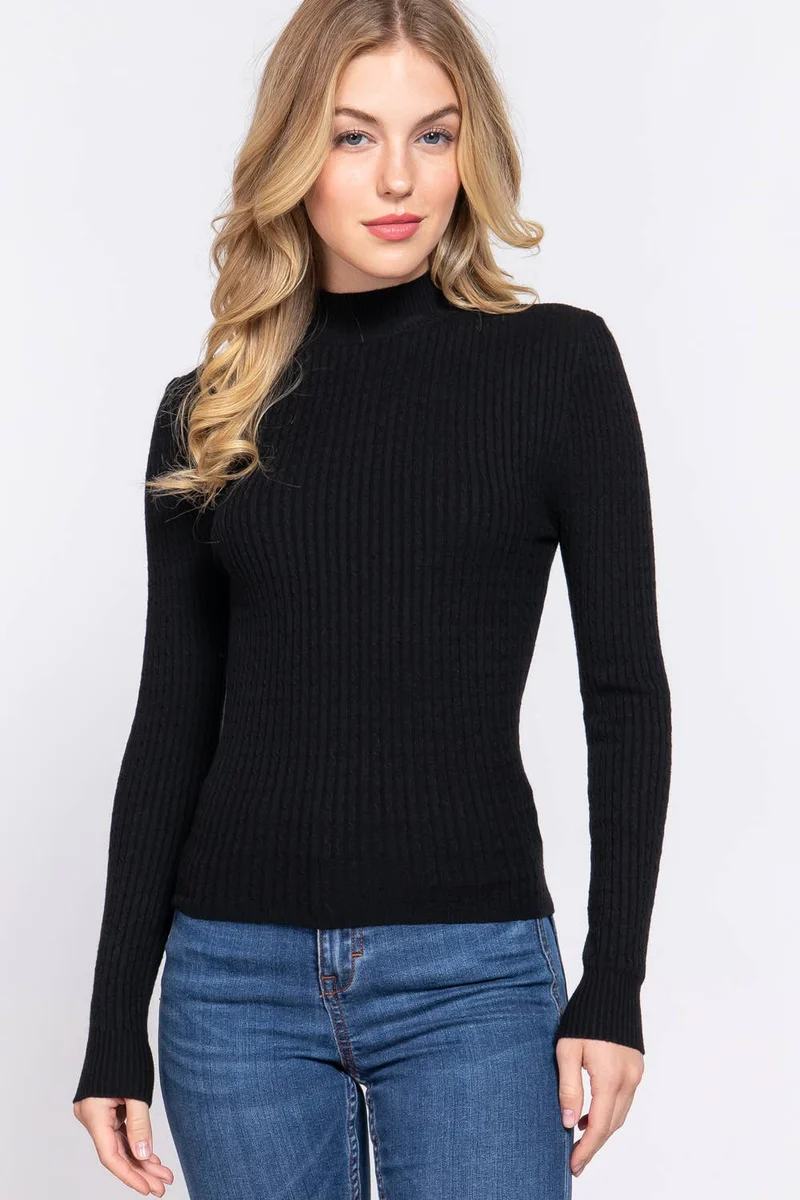 Long Sleeve Mock Neck Rib Sweater : RED