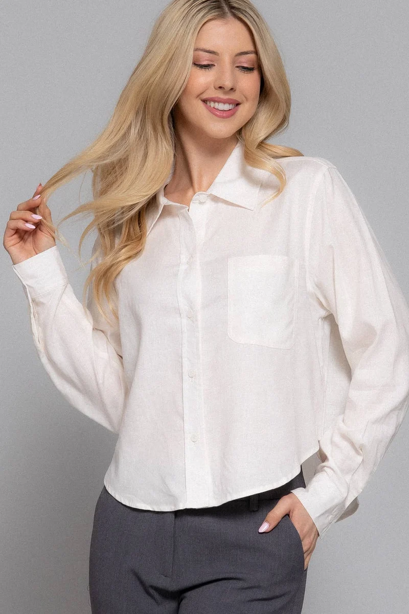 Long Sleeve Button Down Crop Linen Blend Shirt