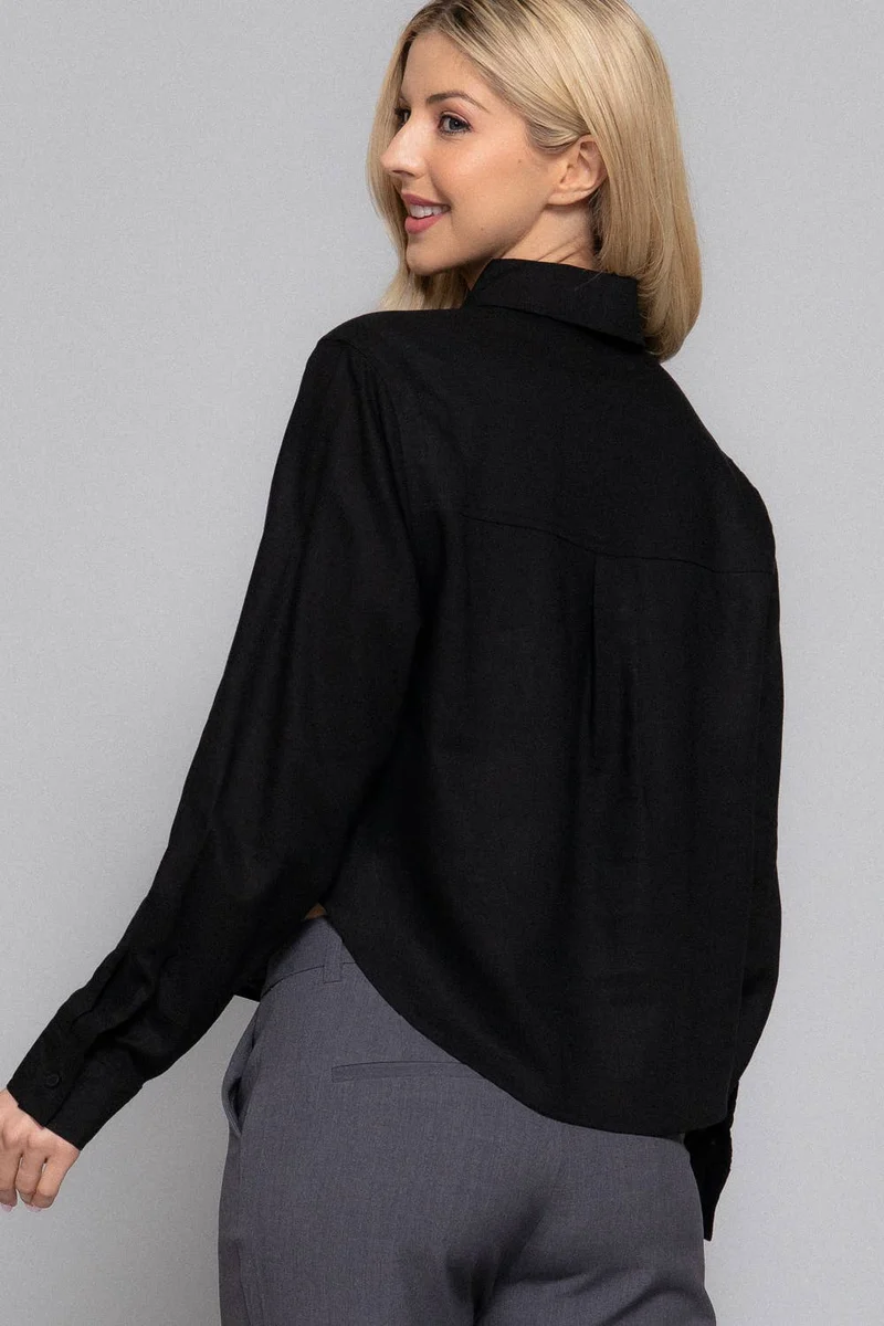Long Sleeve Button Down Crop Linen Blend Shirt