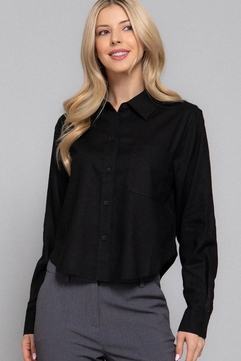 Long Sleeve Button Down Crop Linen Blend Shirt