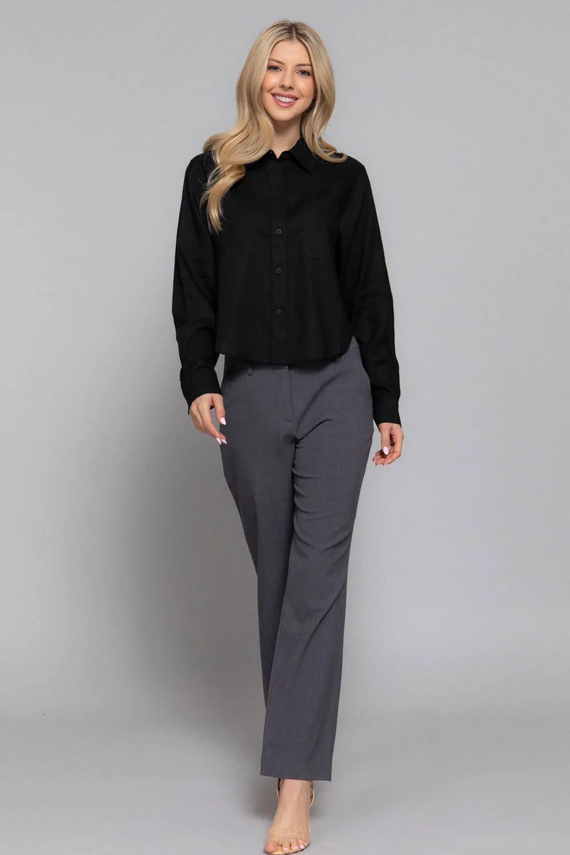 Long Sleeve Button Down Crop Linen Blend Shirt