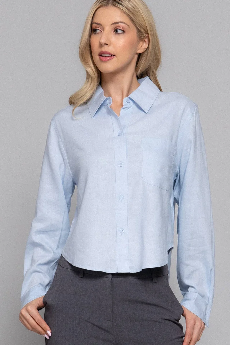 Long Sleeve Button Down Crop Linen Blend Shirt