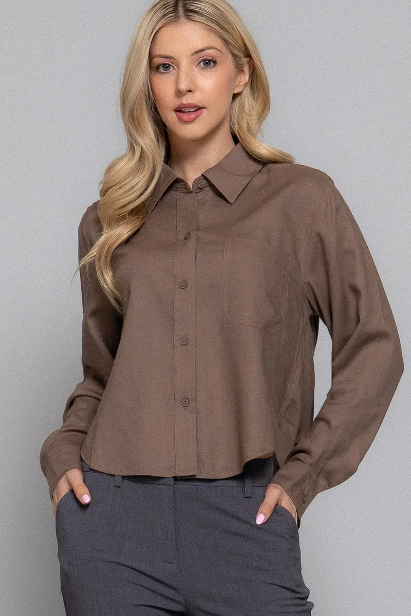 Long Sleeve Button Down Crop Linen Blend Shirt