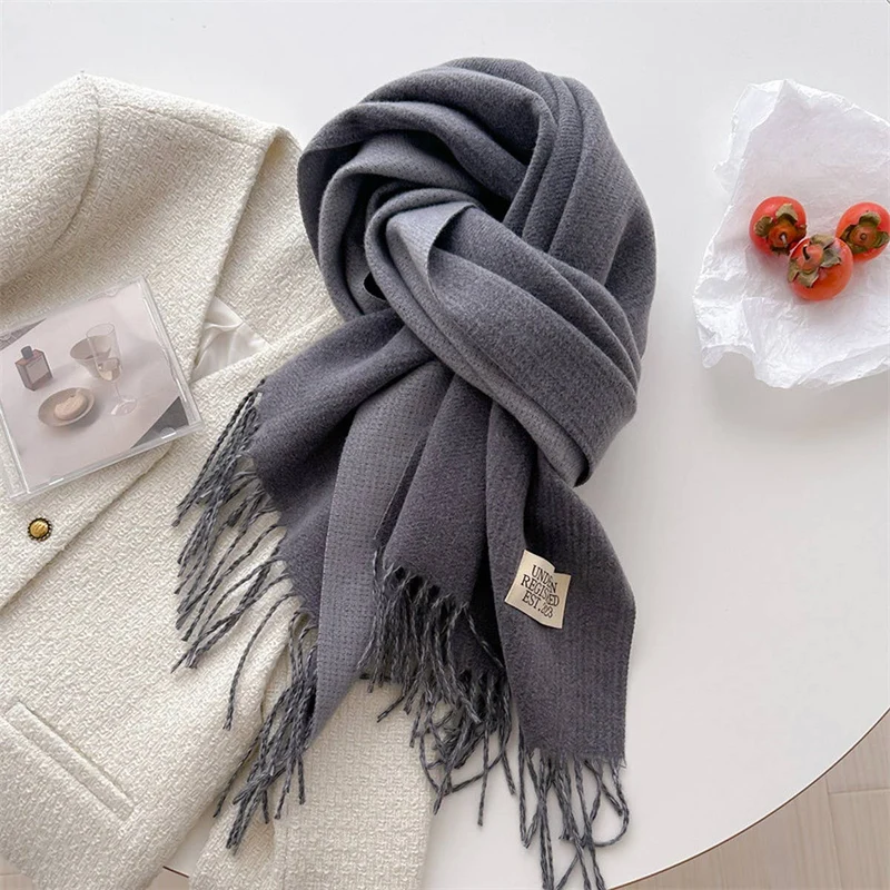 Double Sided Faux Cashmere Scarf-Solid Color Shawl_CWASC0968: Beige / (OS) 2