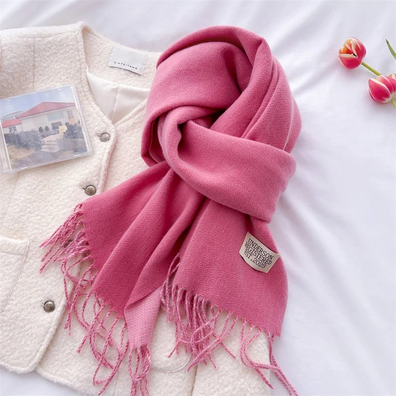 Double Sided Faux Cashmere Scarf-Solid Color Shawl_CWASC0968: Beige / (OS) 2