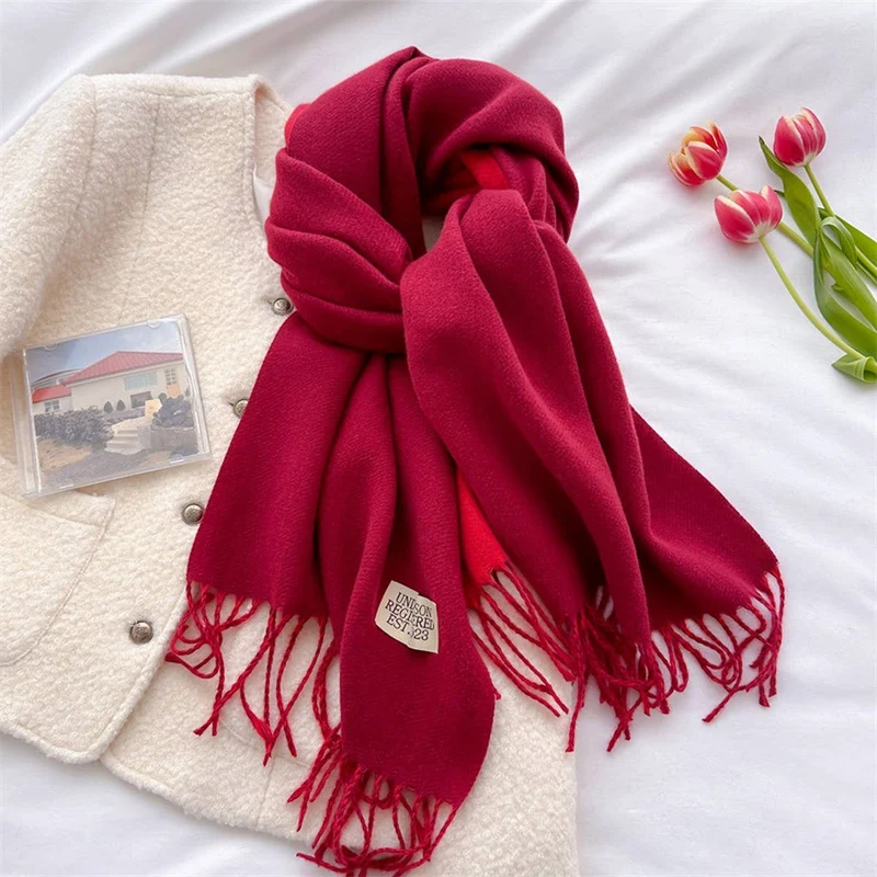 Double Sided Faux Cashmere Scarf-Solid Color Shawl_CWASC0968: Beige / (OS) 2