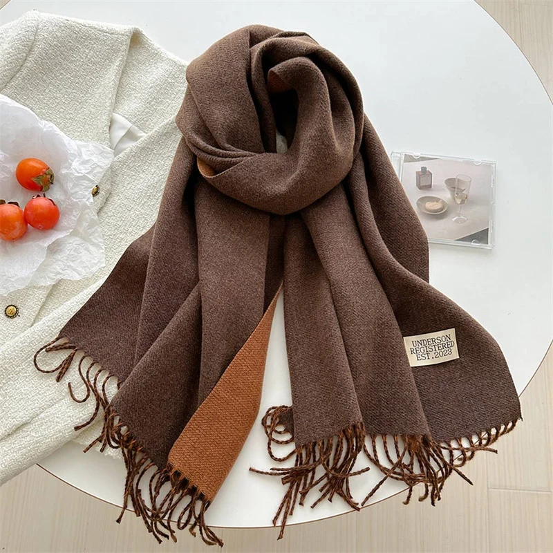 Double Sided Faux Cashmere Scarf-Solid Color Shawl_CWASC0968: Beige / (OS) 2