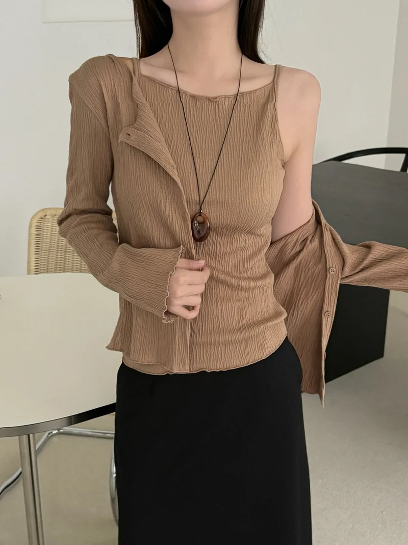 Lesom Pleated Cardigan and Tank Top Set
