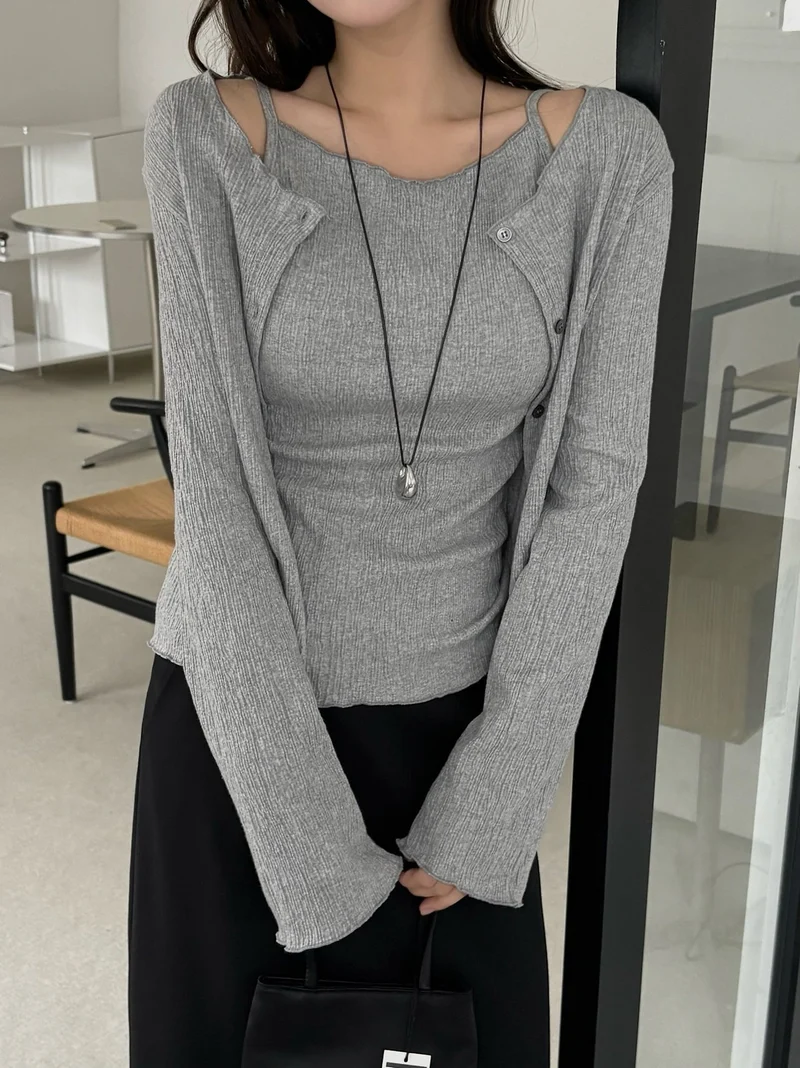Lesom Pleated Cardigan and Tank Top Set