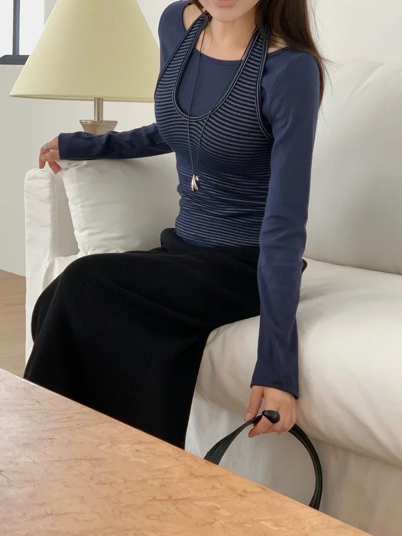 (2Pack) Lesom Layered Long Sleeve Top and Striped Tank Set