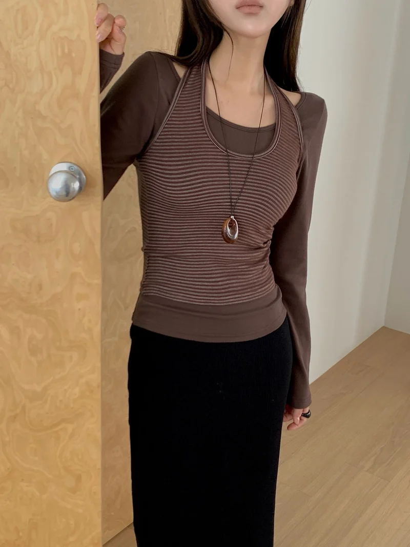 (2Pack) Lesom Layered Long Sleeve Top and Striped Tank Set