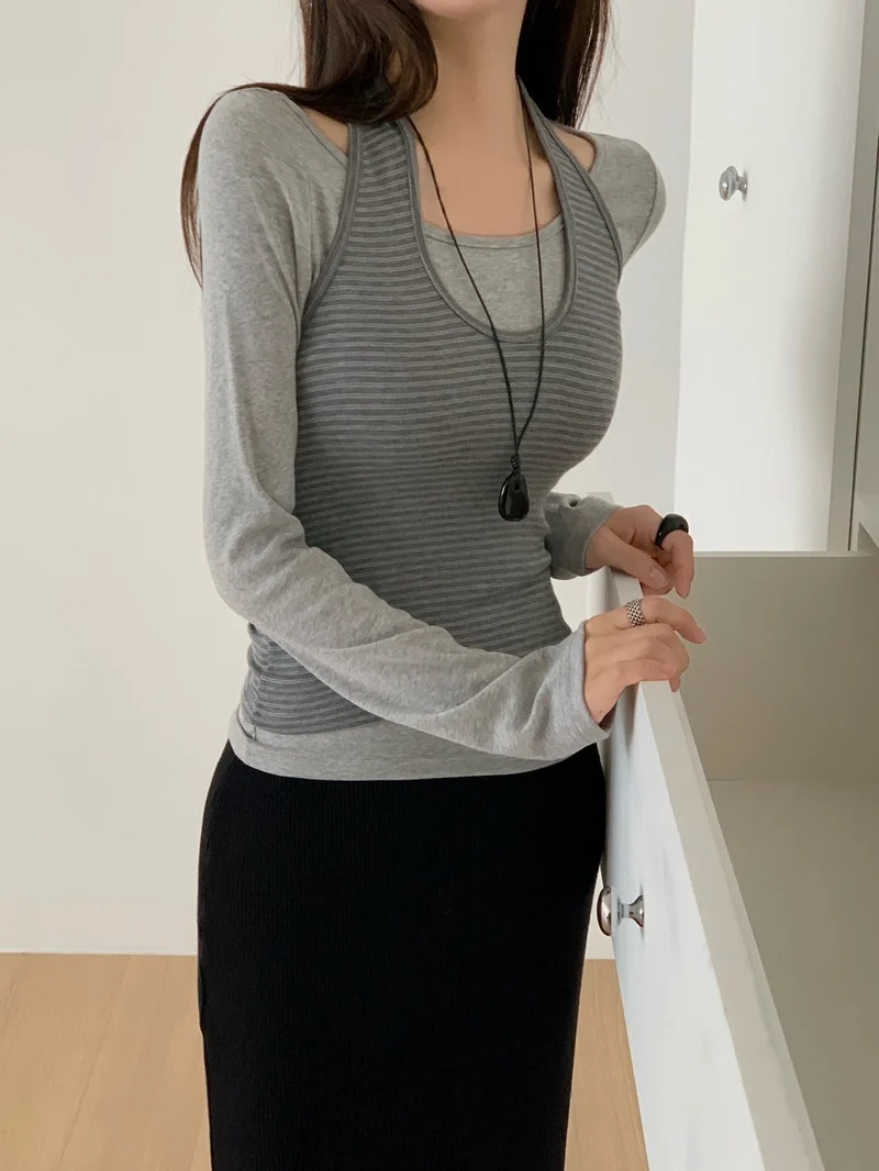 (2Pack) Lesom Layered Long Sleeve Top and Striped Tank Set