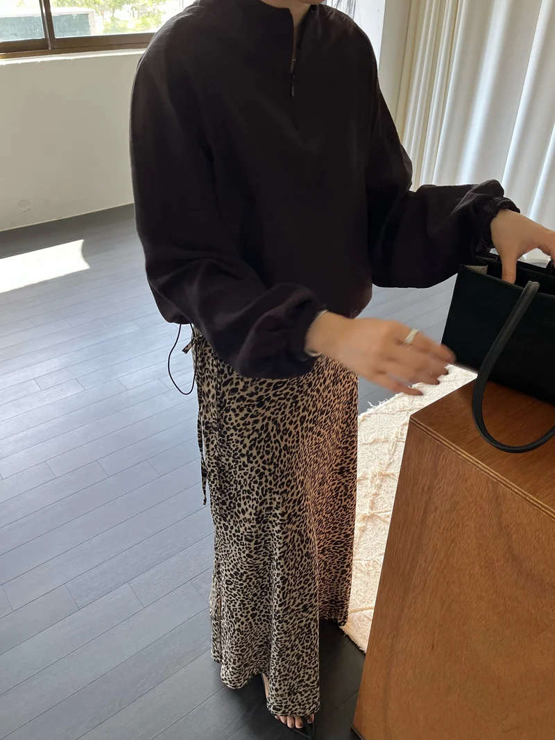 Open Leopard Print Drawstring Maxi Skirt