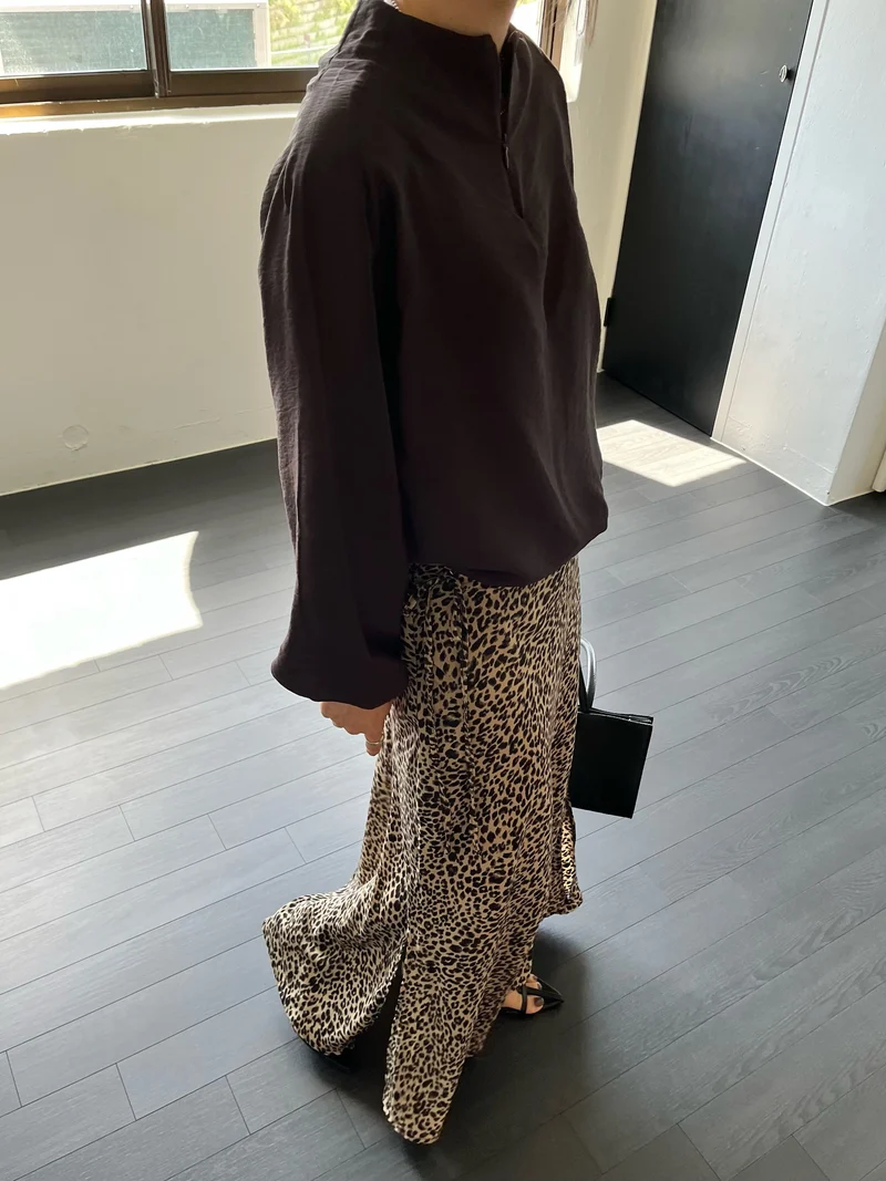 Open Leopard Print Drawstring Maxi Skirt