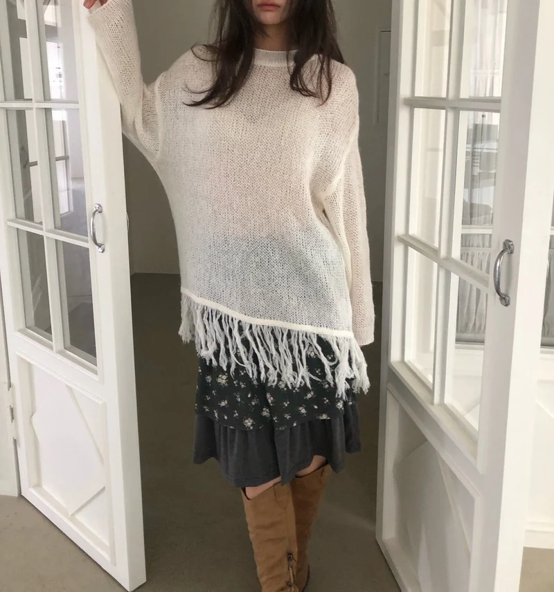 NueFlash Oversized Open-Knit Fringe Hem Sweater