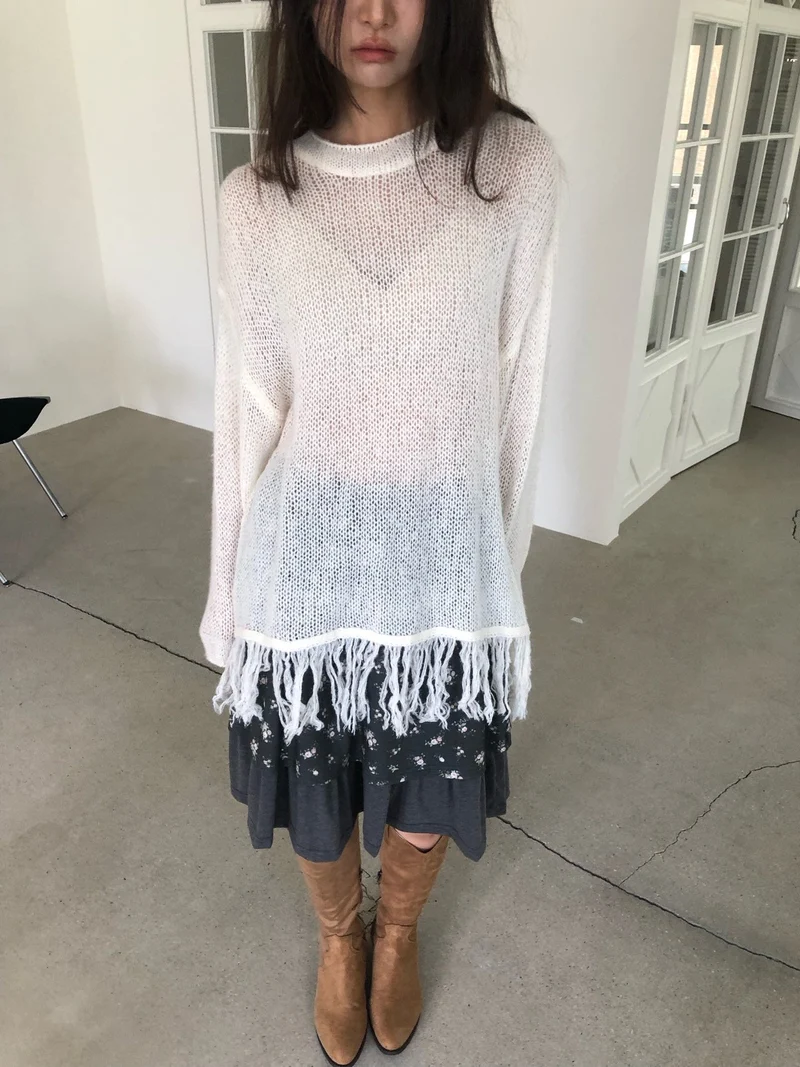 NueFlash Oversized Open-Knit Fringe Hem Sweater