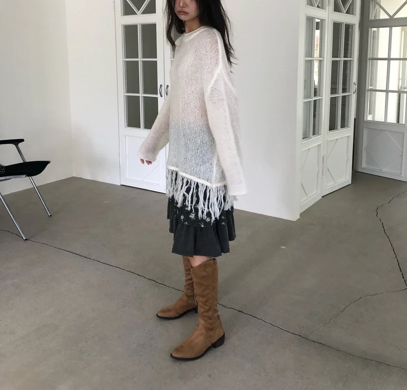 NueFlash Oversized Open-Knit Fringe Hem Sweater