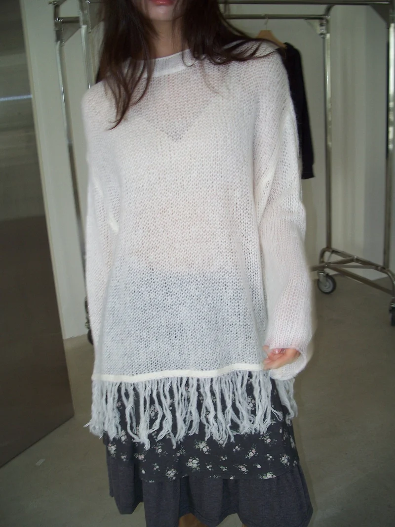 NueFlash Oversized Open-Knit Fringe Hem Sweater