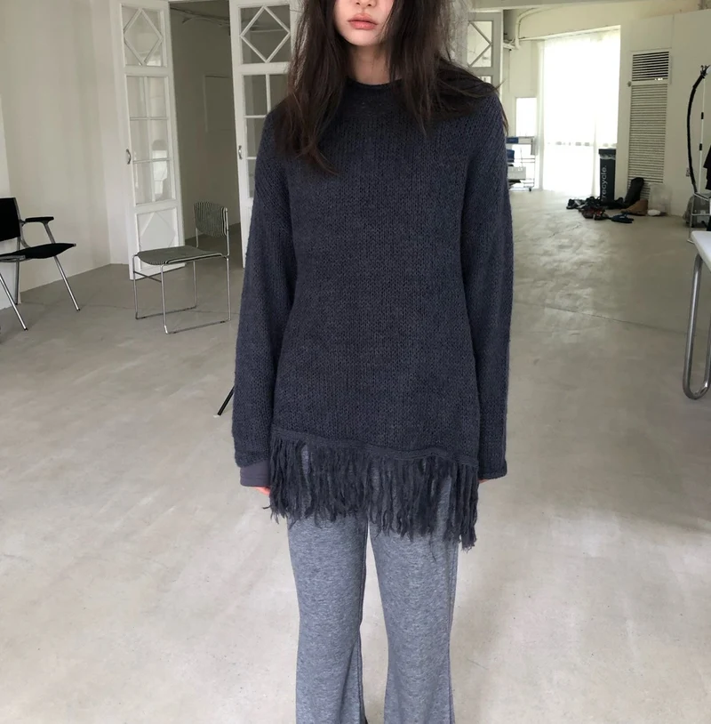 NueFlash Oversized Open-Knit Fringe Hem Sweater