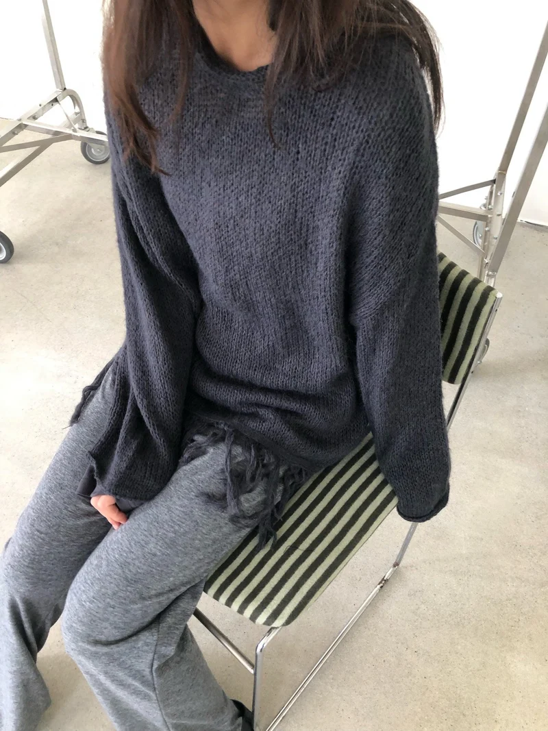 NueFlash Oversized Open-Knit Fringe Hem Sweater