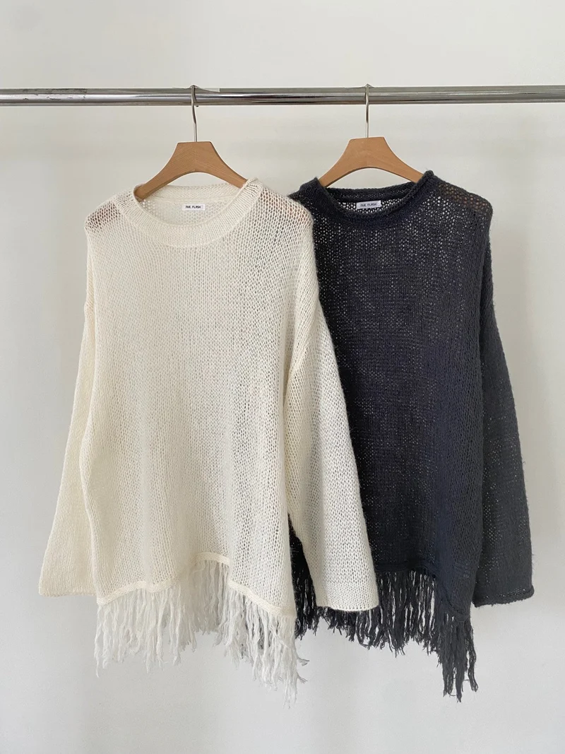 NueFlash Oversized Open-Knit Fringe Hem Sweater