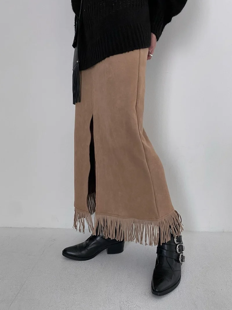 Unsane Suede Fringe Midi Skirt