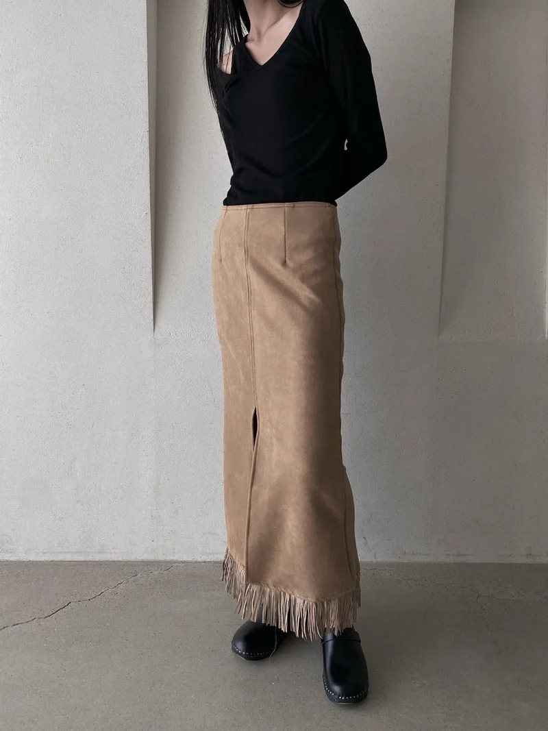 Unsane Suede Fringe Midi Skirt