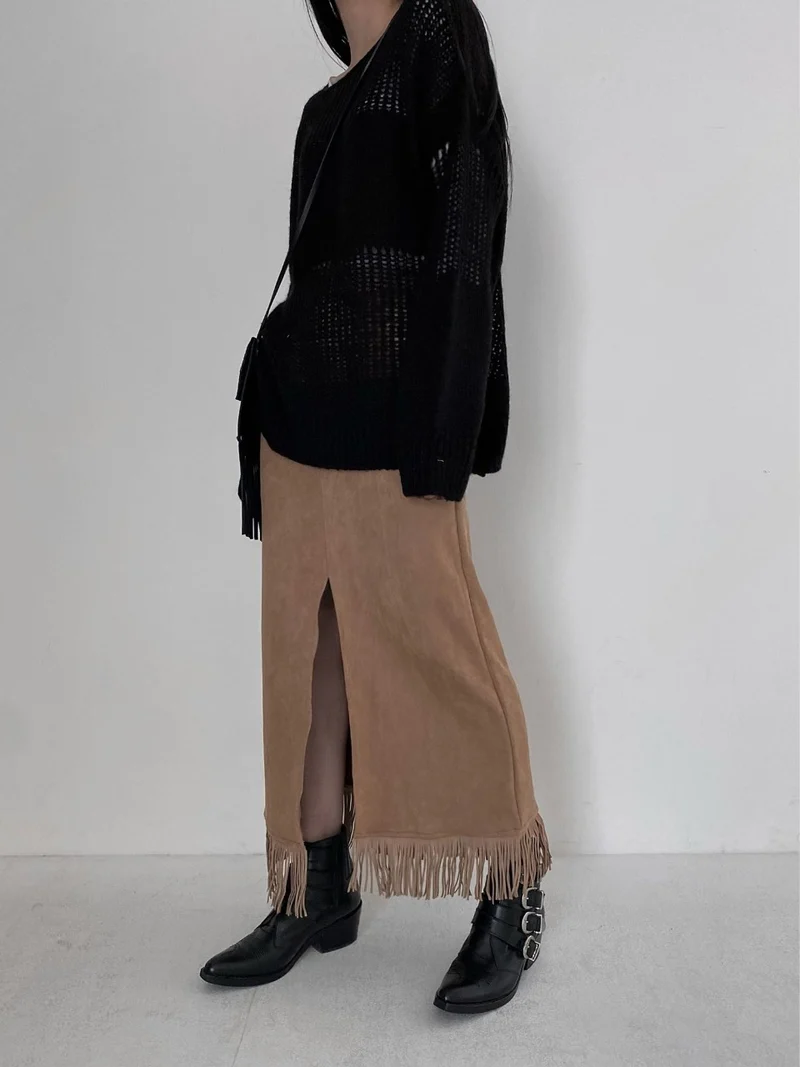 Unsane Suede Fringe Midi Skirt