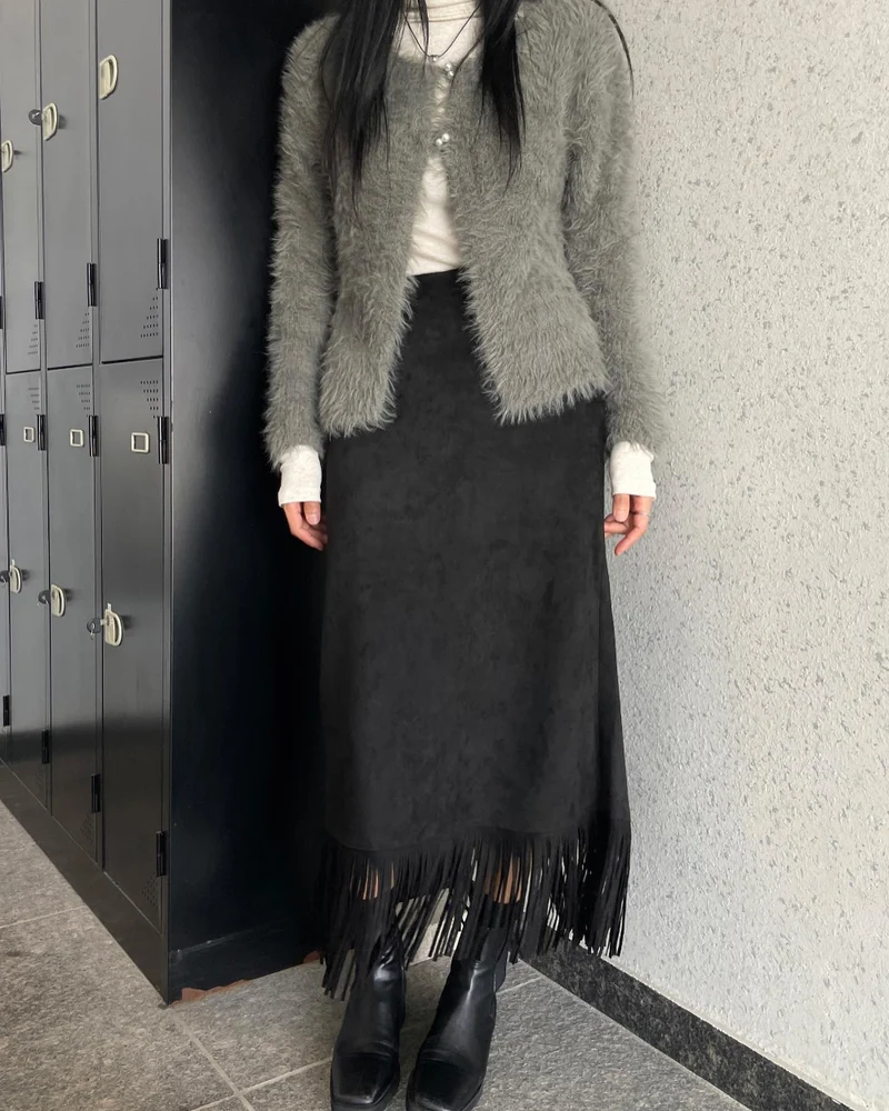 Bonheur Suede Fringe Midi Skirt