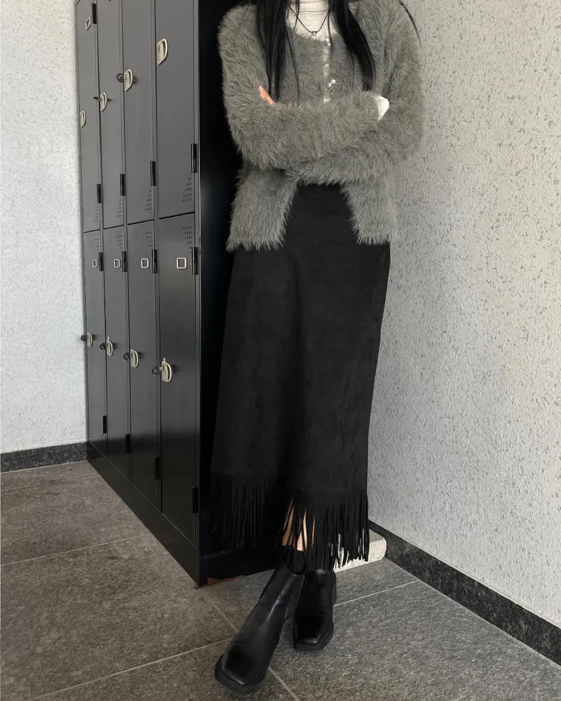 Bonheur Suede Fringe Midi Skirt