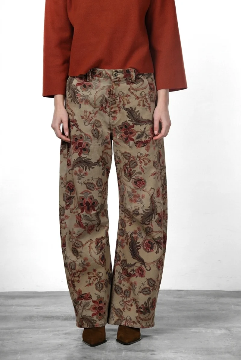 Pantalon Chino Femme Vivienne City en Tissu Bull à Grandes Fleurs Coupe Balloon