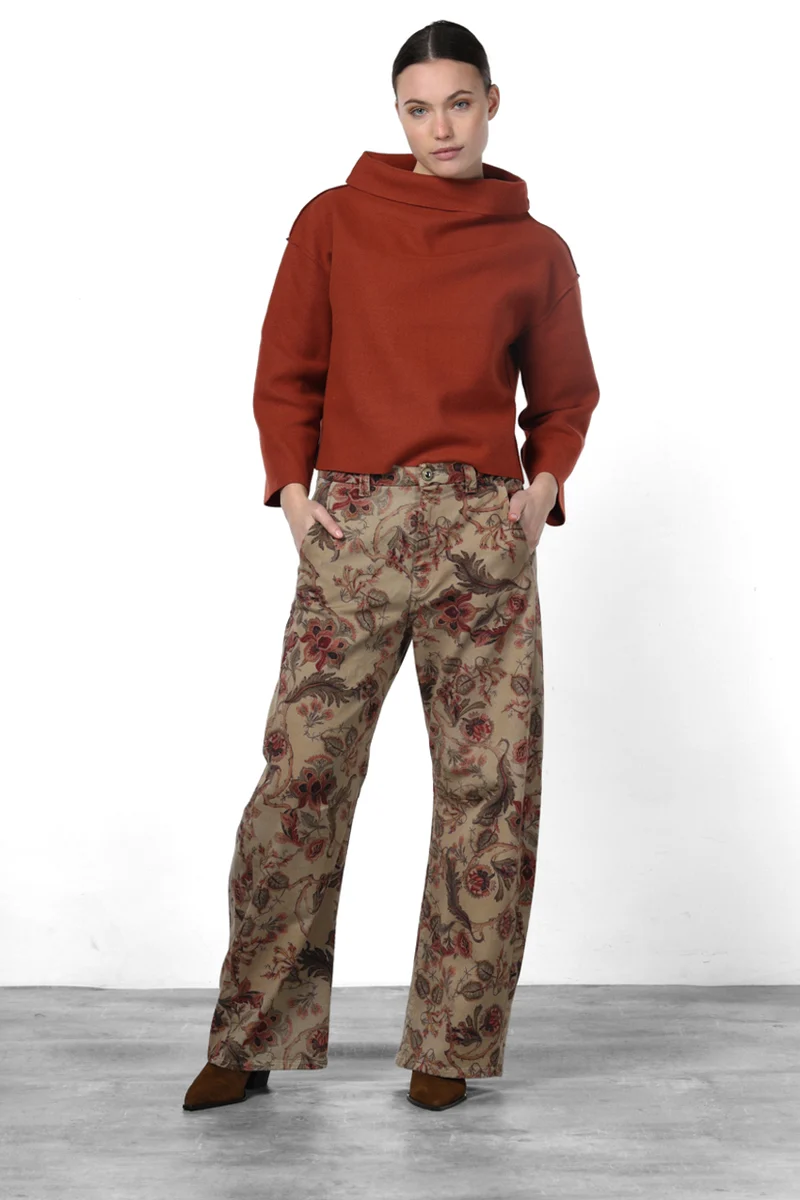 Pantalon Chino Femme Vivienne City en Tissu Bull à Grandes Fleurs Coupe Balloon