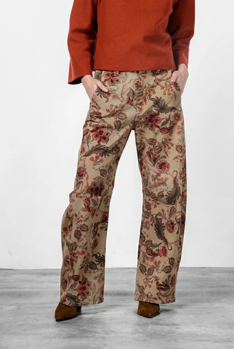 Pantalon Chino Femme Vivienne City en Tissu Bull à Grandes Fleurs Coupe Balloon