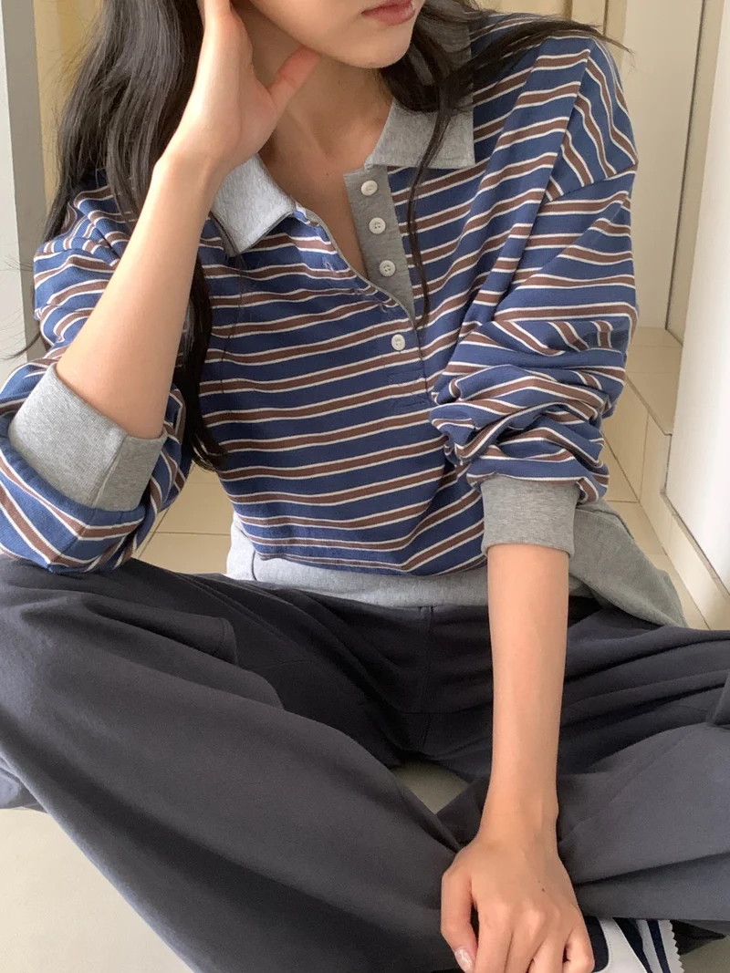 Anstand Striped Polo Collar Long Sleeve Tee with Side Slits